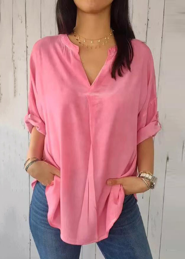 2025 Neck Shirt Sleeve V Green Solid Short