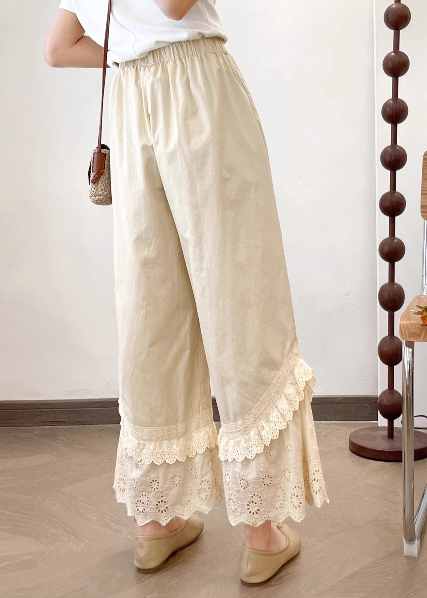 Sample2025 Summer New Apricot Lace Splicing Wide Leg Pants