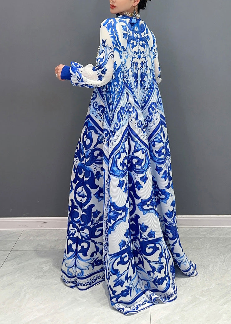 Wholesale Sample2025 Summer New Blue And White Porcelain Print Chiffon Pleated Long Dress
