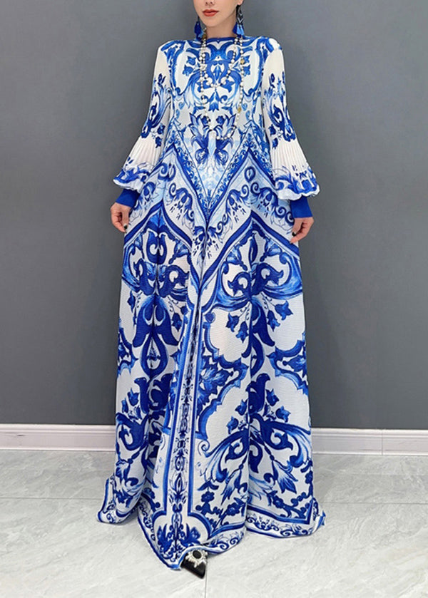 Wholesale Sample2025 Summer New Blue And White Porcelain Print Chiffon Pleated Long Dress