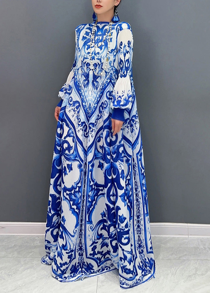 Wholesale Sample2025 Summer New Blue And White Porcelain Print Chiffon Pleated Long Dress