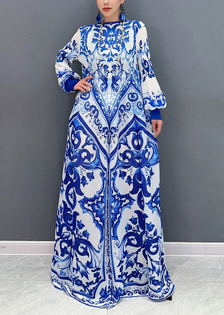 Wholesale Sample2025 Summer New Blue And White Porcelain Print Chiffon Pleated Long Dress