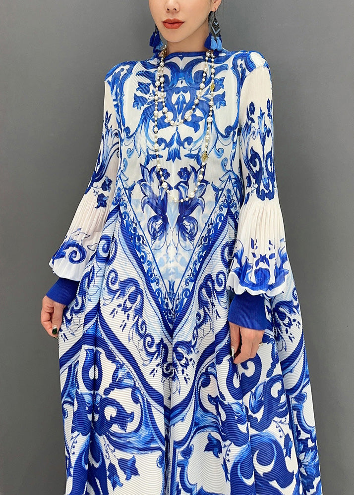 Sample2025 Summer New Blue And White Porcelain Print Chiffon Pleated Long Dress