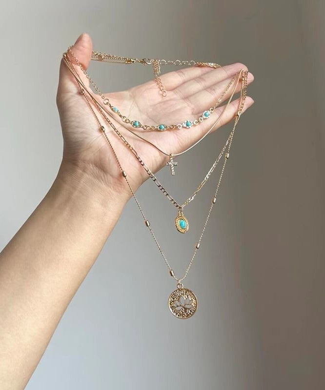 Out Turquoise Tassel Necklace Layered Gold Art Pendant Overgild Hollow Silver Sterling