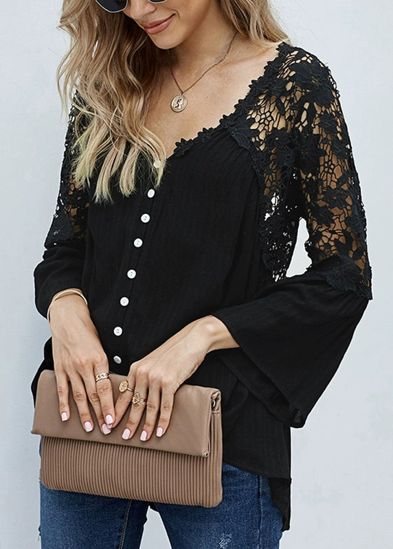 V Solid Out Hollow Neck Black Tops Fall