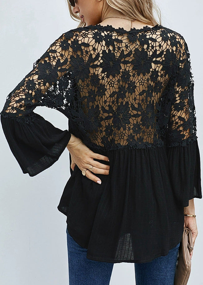 V Solid Out Hollow Neck Black Tops Fall