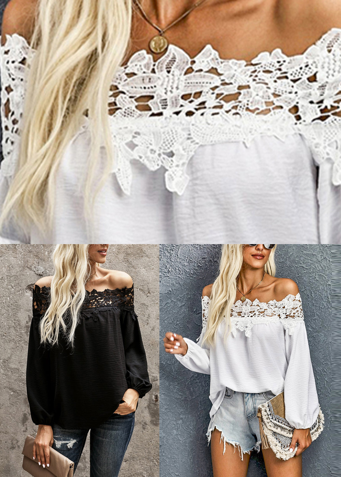 Black Shirt Lace Lantern Neck Patchwork Slash Sleeve