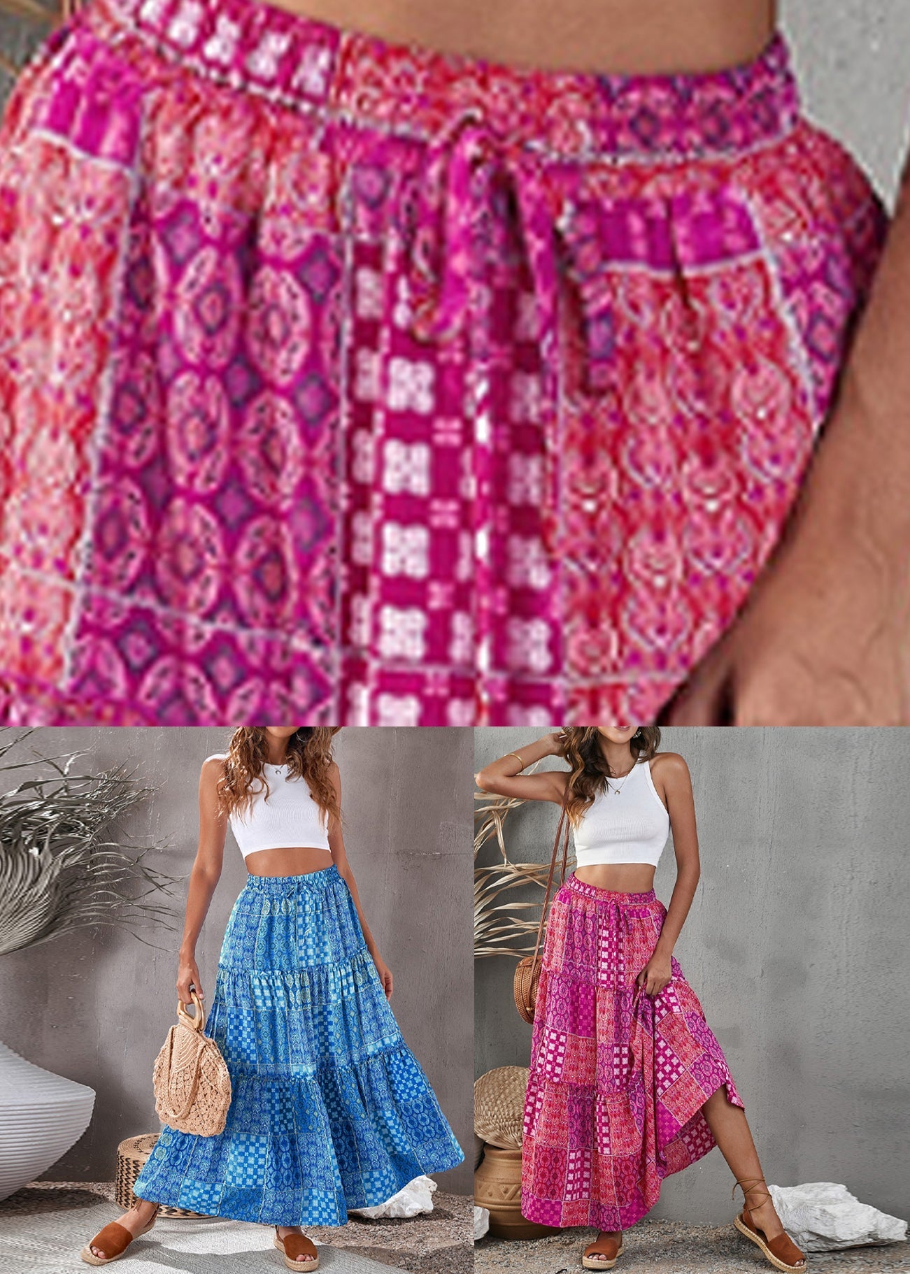 Skirts Pockets Summer Blue Maxi Waist Elastic