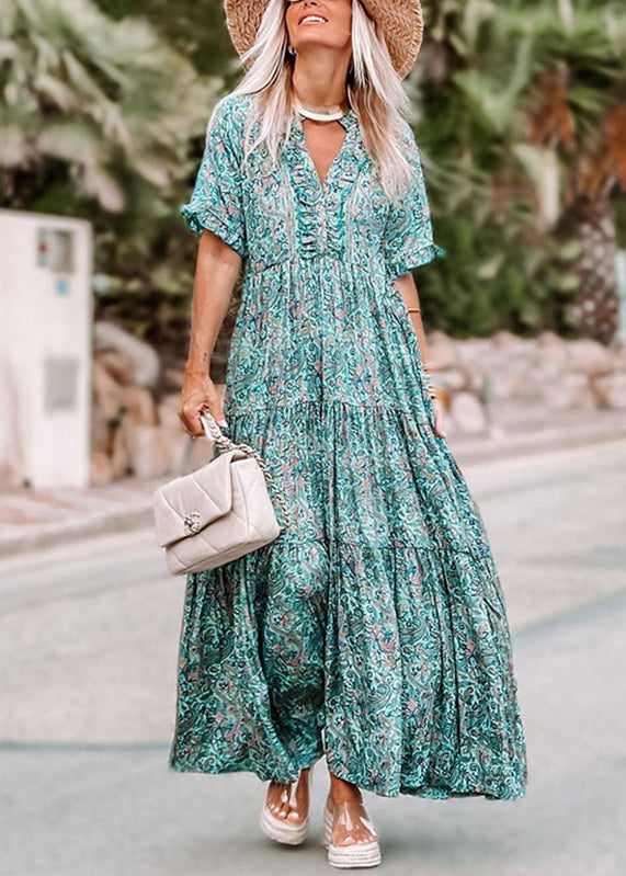 Ruffled Short Maxi Patchwork Sleeve Dress Blue