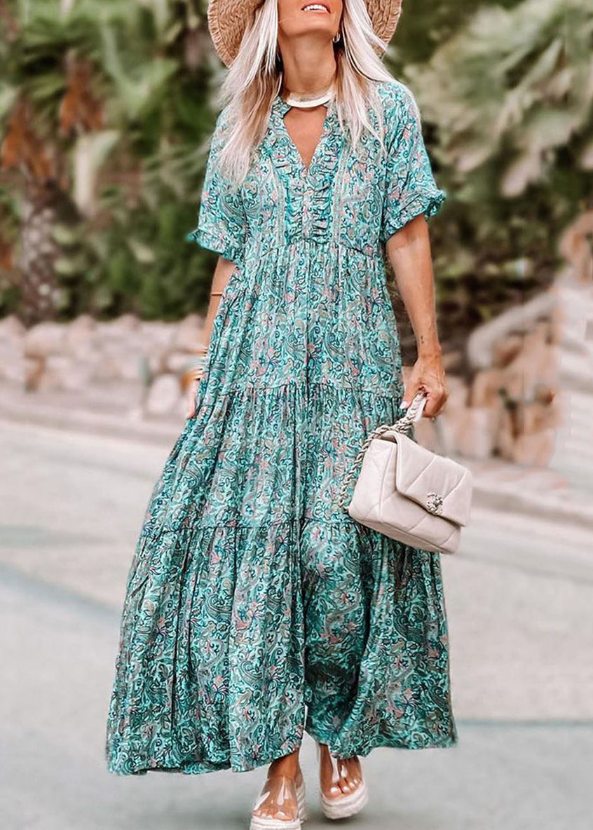 Ruffled Short Maxi Patchwork Sleeve Dress Blue
