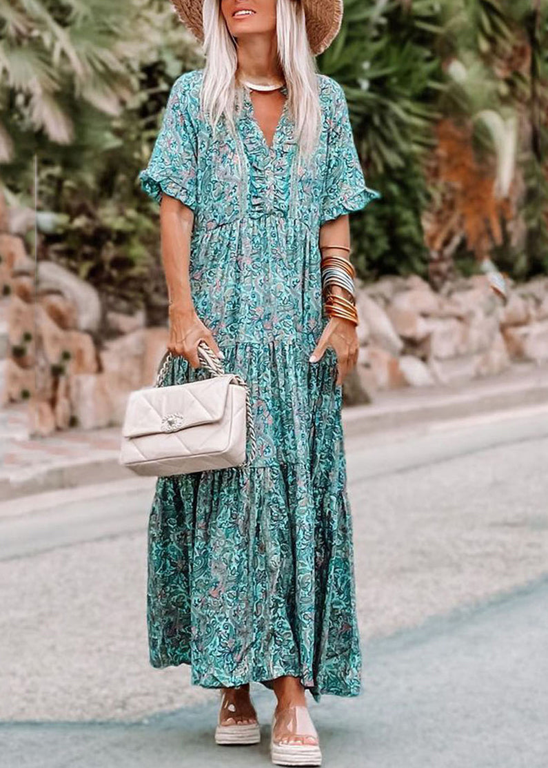 Ruffled Short Maxi Patchwork Sleeve Dress Blue