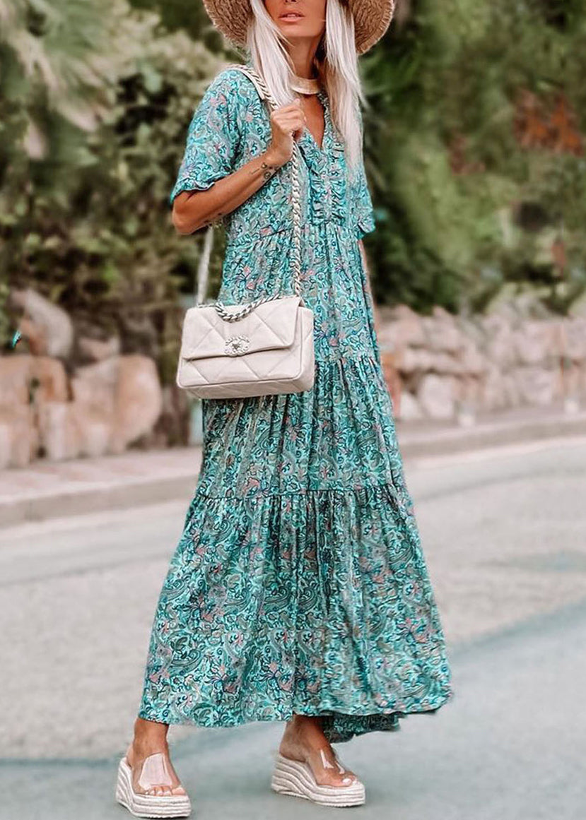 Ruffled Short Maxi Patchwork Sleeve Dress Blue