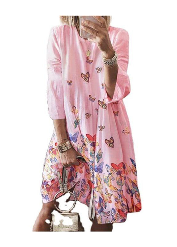 SampleBohemian Blue O Neck Butterfly Print Cotton Mid Dress Summer