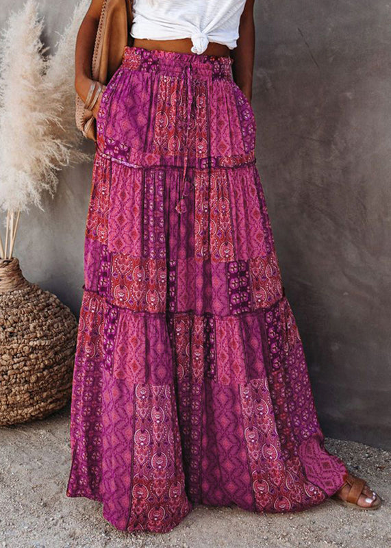 Purple Patchwork A Print Skirt Bohemian Line Ruffled