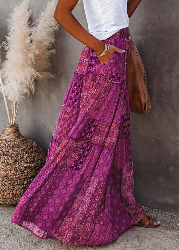 Purple Patchwork A Print Skirt Bohemian Line Ruffled