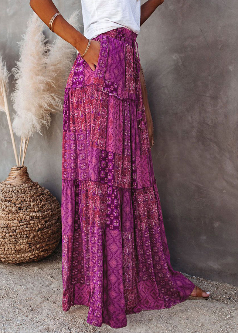 Purple Patchwork A Print Skirt Bohemian Line Ruffled
