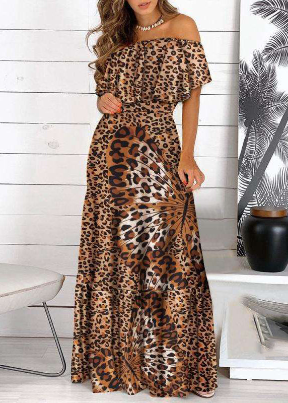 Cold Yellow Dress Shoulder Short Maxi Wrinkled Sleeve Bohemian Print