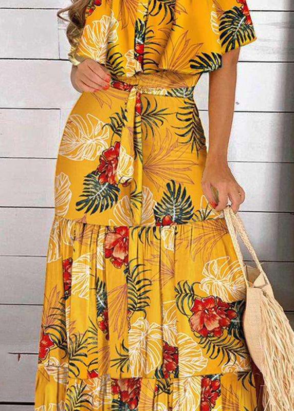 Cold Yellow Dress Shoulder Short Maxi Wrinkled Sleeve Bohemian Print