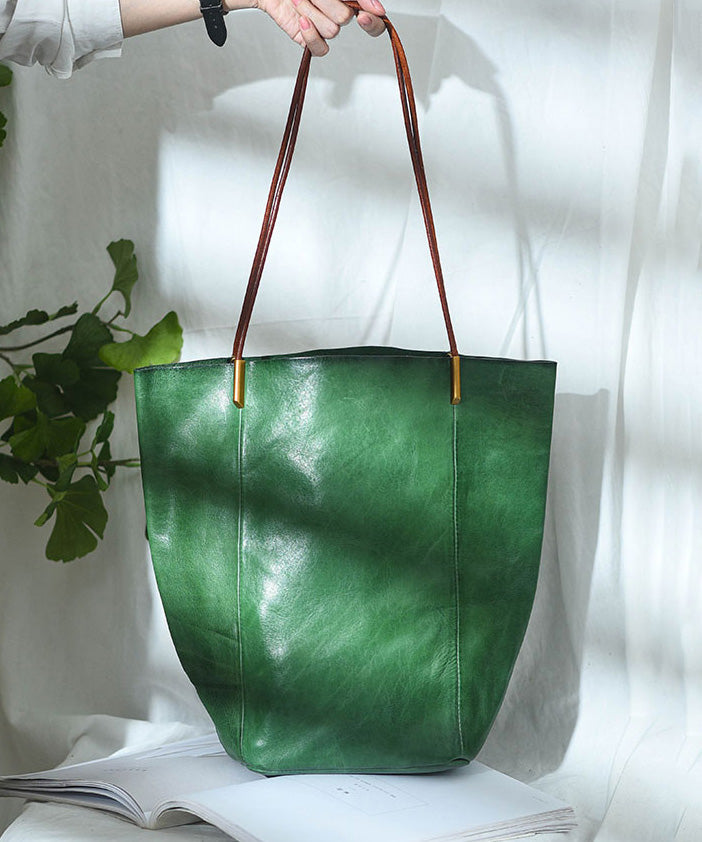 Large Leather Capacity Bucket Bag Green Boho