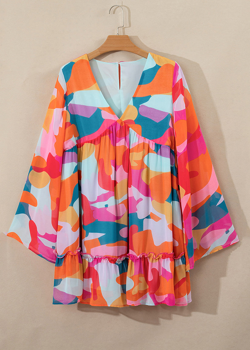 Fall Print Red Chiffon Dresses Boho Mid Wrinkled