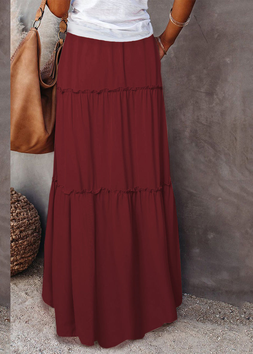 White Ruffled Summer Waist Skirts Maxi Patchwork Boho Elastic