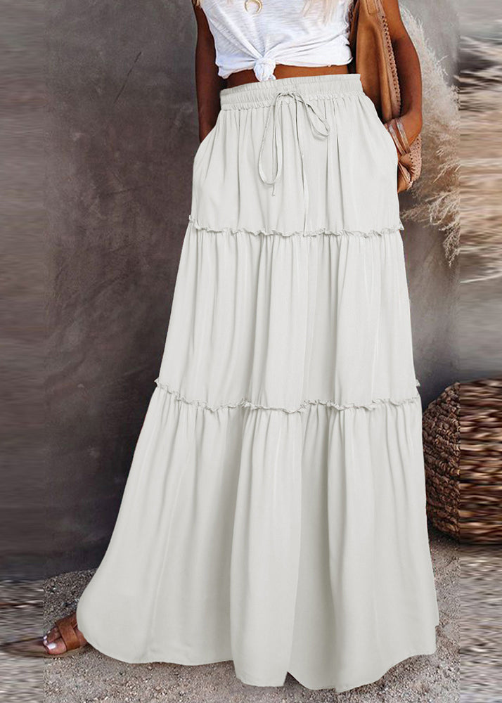 White Ruffled Summer Waist Skirts Maxi Patchwork Boho Elastic