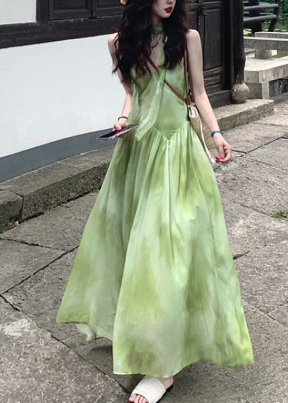 Chiffon V Neck Boutique Maxi Tie Sleeveless Green Dye Vacation Dresses