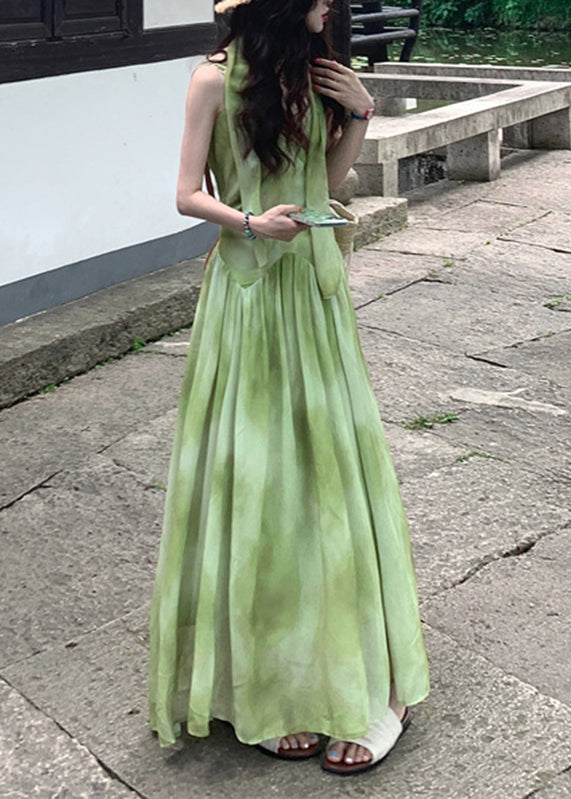 Chiffon V Neck Boutique Maxi Tie Sleeveless Green Dye Vacation Dresses