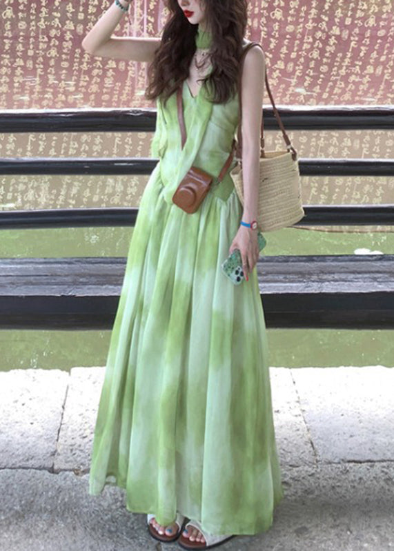 Chiffon V Neck Boutique Maxi Tie Sleeveless Green Dye Vacation Dresses