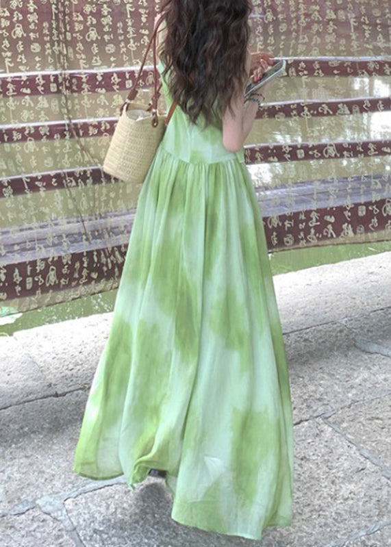 Chiffon V Neck Boutique Maxi Tie Sleeveless Green Dye Vacation Dresses