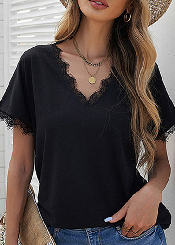 Shirt V T Lace Brief Patchwork Solid White Sleeve Short Neck