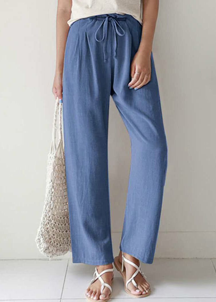 SampleCasual Blue Pockets Lace Up Cotton Pants Summer