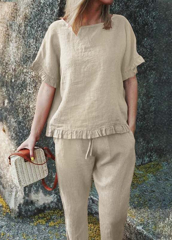 SampleCasual Khaki Ruffled Patchwork Top And Crop Pants Two Pieces Set Short Sleeve