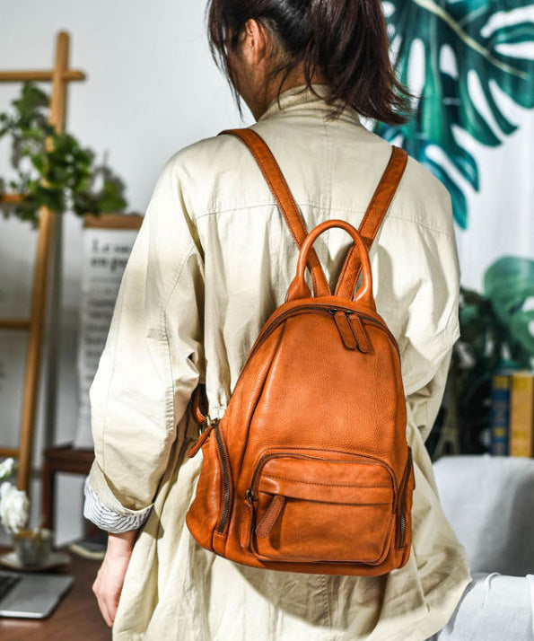 Large Handbag Capacity Backpack Leather Tote Orange Casual