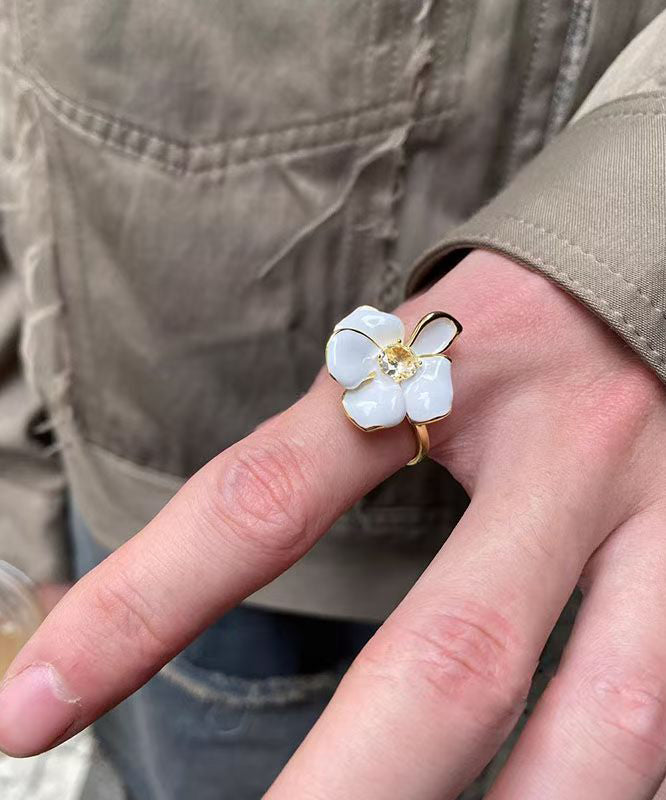 Overgild Rings Chic Zircon White Open Copper Floral