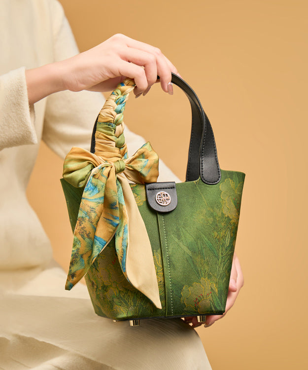 Versatile Print Silk Handbag Tote Style Green Chinese