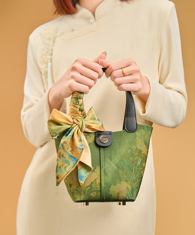 Versatile Print Silk Handbag Tote Style Green Chinese