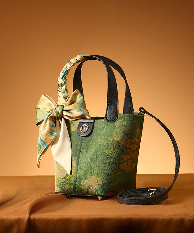 Versatile Print Silk Handbag Tote Style Green Chinese
