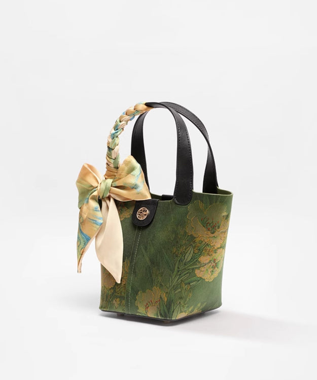Versatile Print Silk Handbag Tote Style Green Chinese