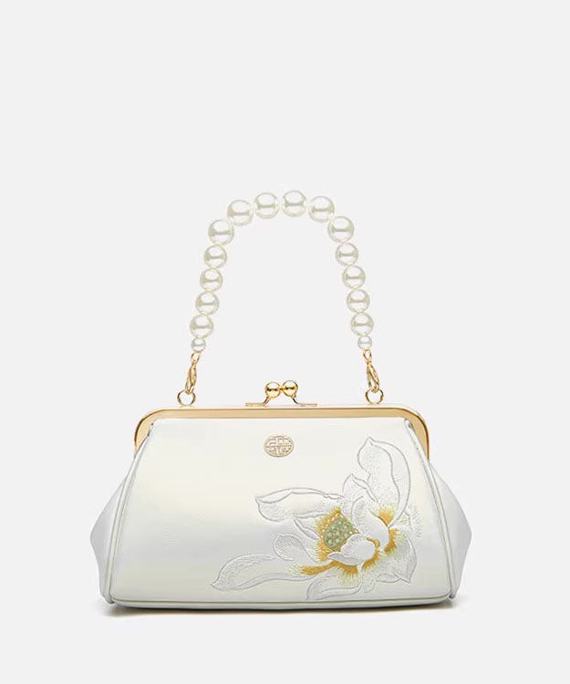 Pearl Chinese White Cowhide Embroidered Crossbody Handbag