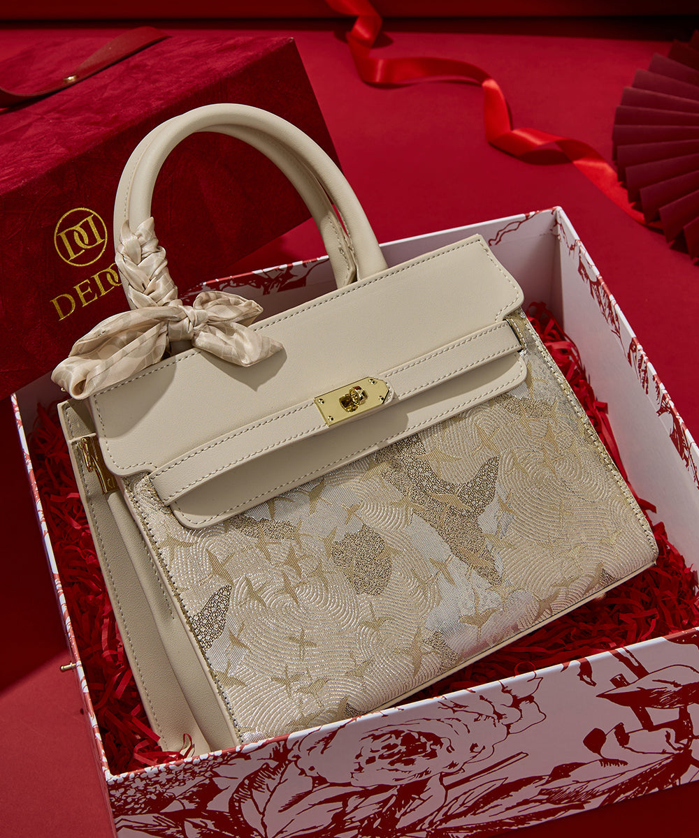 Classy Leather Bag Embroidered Micro Faux Beige