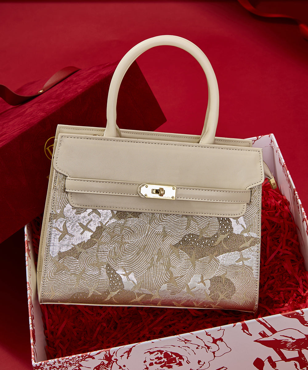 Classy Leather Bag Embroidered Micro Faux Beige
