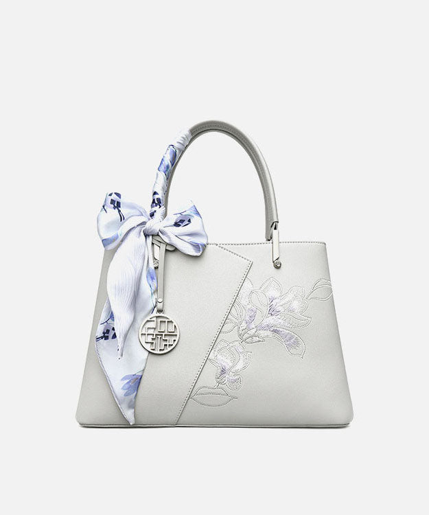 Calf Bag Classy Tote Embroidery Grey Leather
