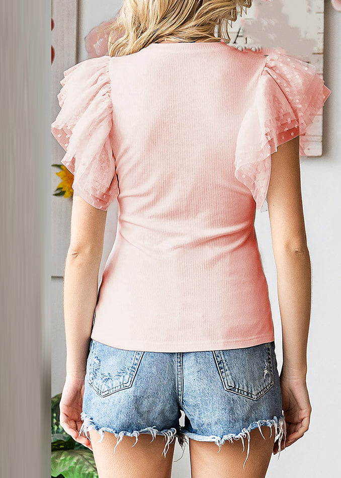 Summer Pink Cute Shirts Knit Patchwork T Tulle
