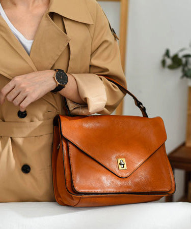 Durable Tote Elegant Leather Orange Solid Handbag