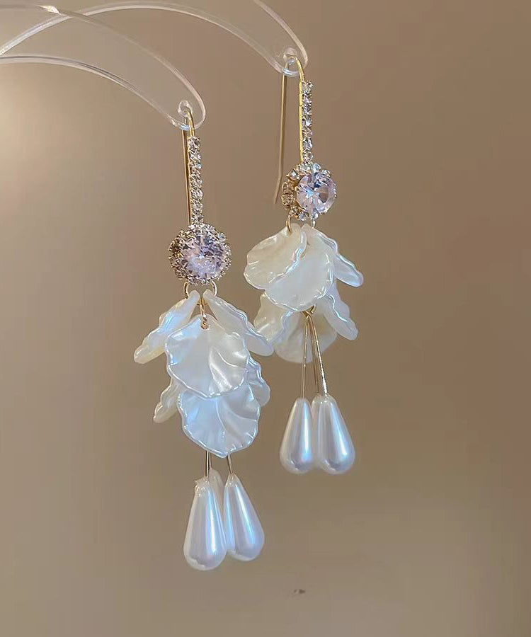 White Pearl Tassel Acrylic Elegant Shell Copper Drop Zircon Earrings