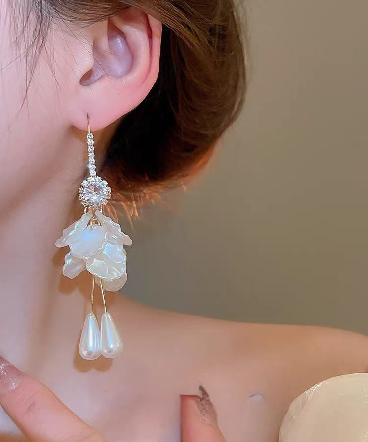 White Pearl Tassel Acrylic Elegant Shell Copper Drop Zircon Earrings