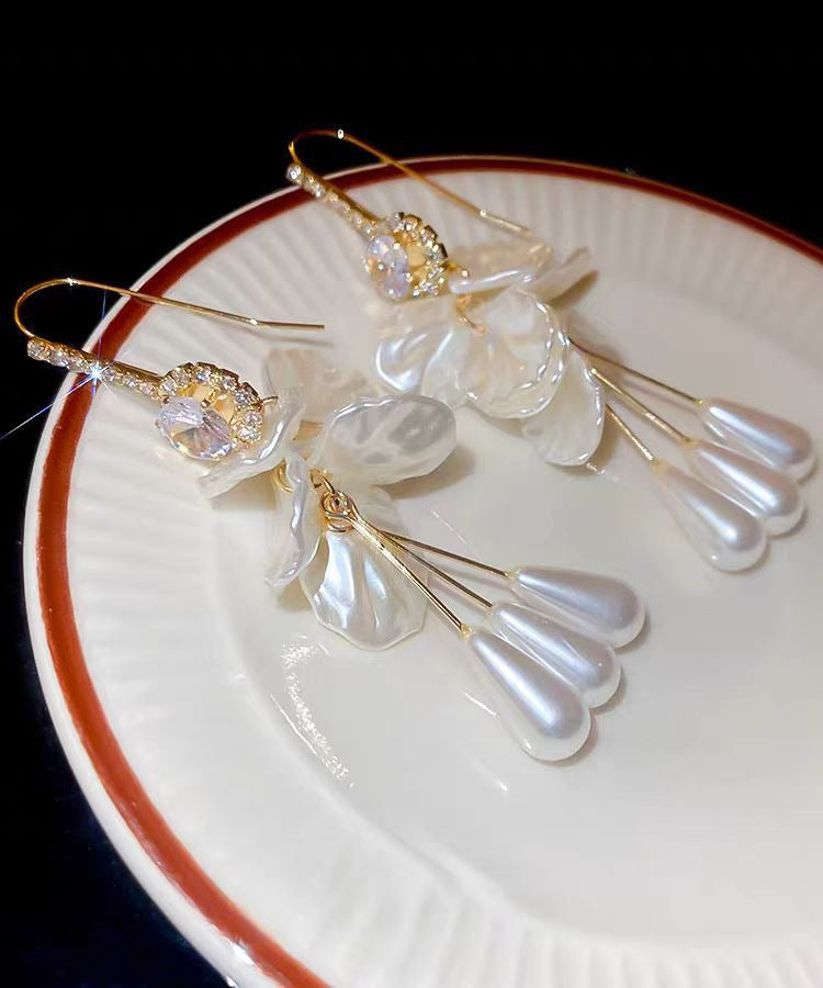 White Pearl Tassel Acrylic Elegant Shell Copper Drop Zircon Earrings