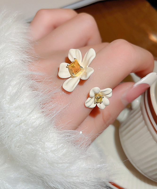 Open Zircon Overgild White Copper Elegant Rings Acrylic Floral