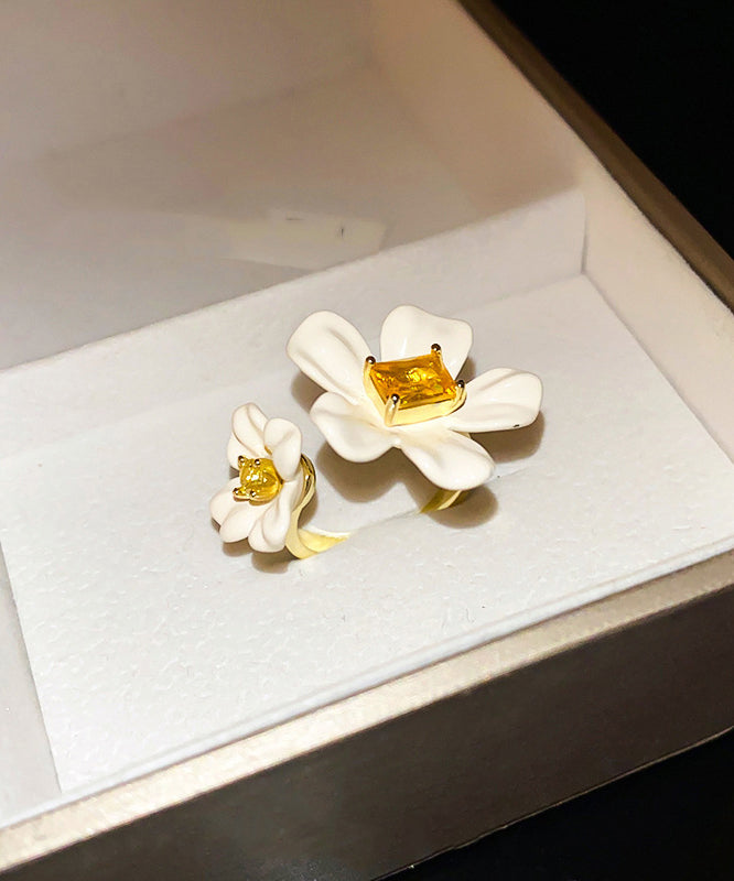 Open Zircon Overgild White Copper Elegant Rings Acrylic Floral